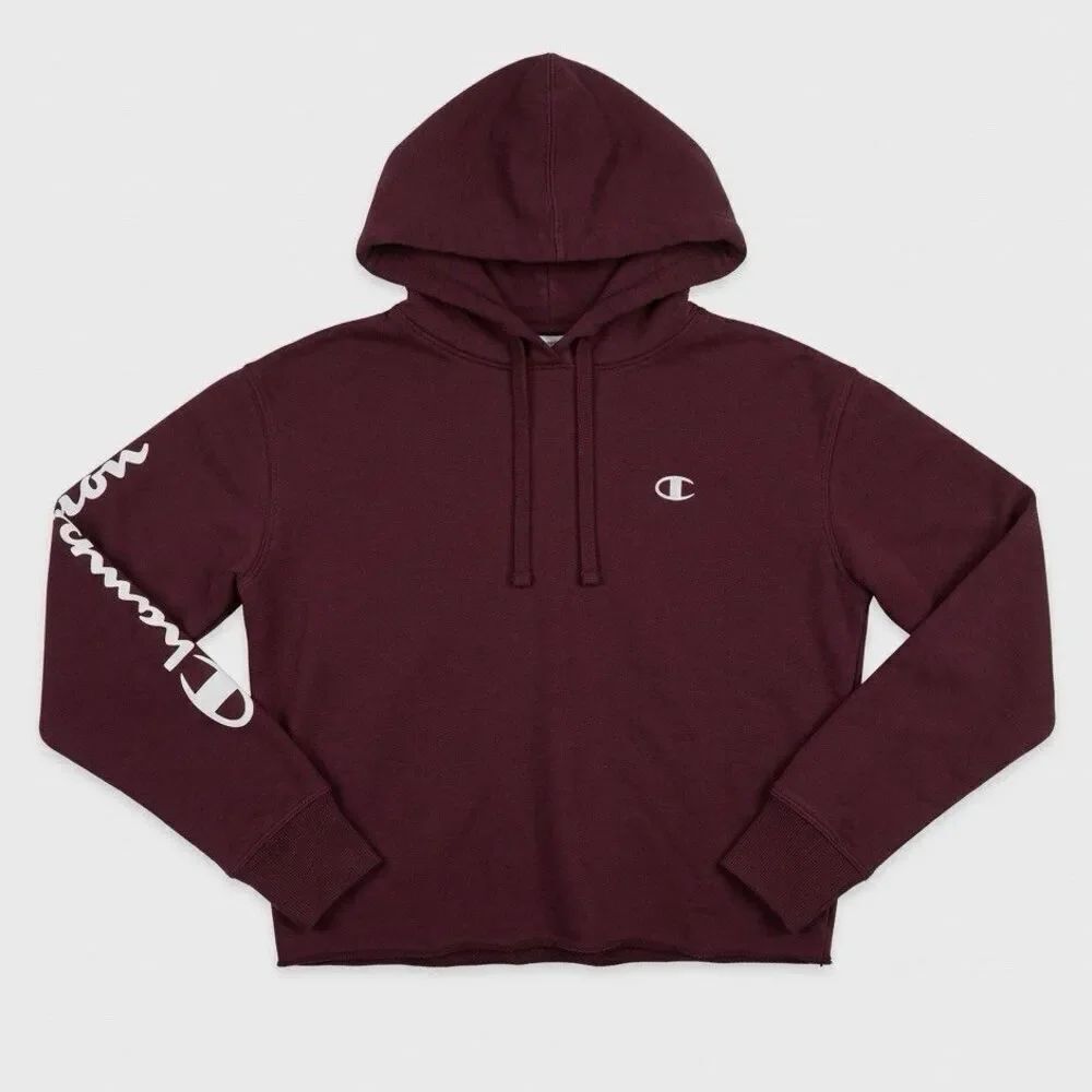 Champion Hoodie Women Small Burgundy Logo Sleeve Pullover Sweatshirt